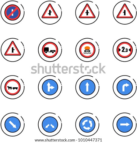line vector icon set - no parkin odd, intersection vector road sign, trailer, dangerous cargo, limited width, cart horse, only forward right, detour, circle