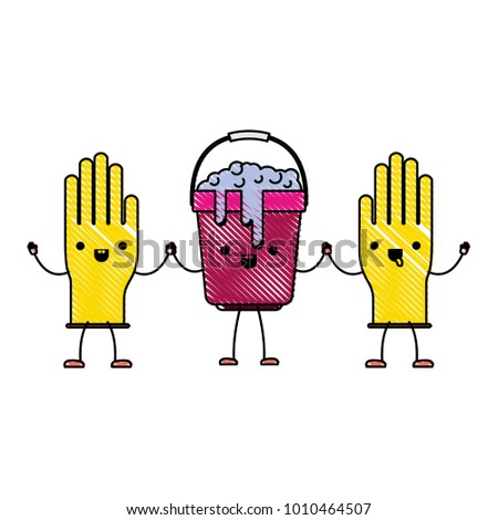 kawaii cartoon gloves and bucket with soapy water holding hands in colored crayon silhouette