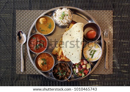 Typical indian food from Jaipur - thali rajasthani Royalty-Free Stock Photo #1010465743