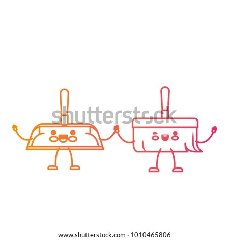 kawaii cartoon hand broom and hand dustpan holding hands in degraded yellow to magenta silhouette
