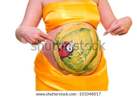 pregnant woman indicates the fingers on her belly. Picture ladybug in cabbage. isolated on a white background. close-up