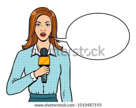 Journalist is reporting with microphone pop art retro vector illustration. Text bubble. Isolated image on white background. Comic book style imitation.
