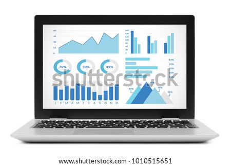 Graphs and charts elements on laptop computer screen. Isolated on white background. All screen content is designed by me.