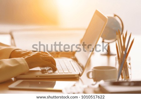 Business woman typing on laptop at workplace Woman working in home office hand keyboard, Hands of young people typing on laptop in the office,