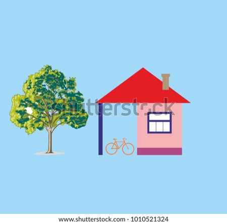 house residental architecture cartoon illustration with bike and tree. vector 