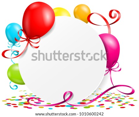 Button with balloons, confetti and streamers