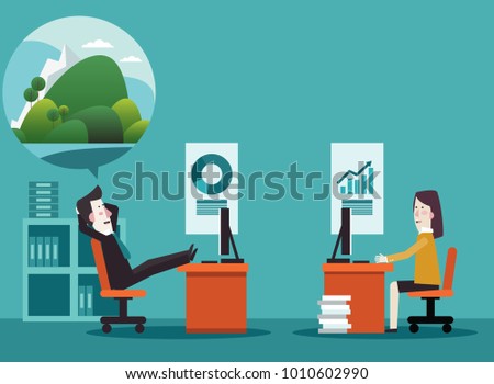 Business man dreaming about vacation. Holidays time, recreation, travel and relaxation vector design illustration. Mountain landscape background