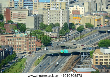 Boston Back Bay and Interstate Highway I-90 Massachusetts Turnpike in Boston, Massachusetts, USA.