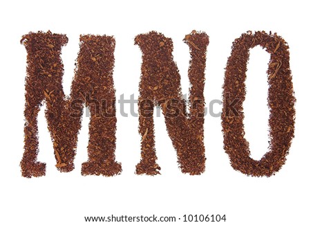 Tobacco letters MNO, white background isolated