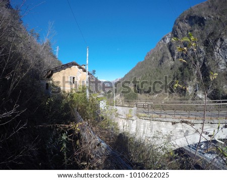 Old railway bridge over the river Fella (Territory of Dogna), which rises near Malborghetto Valbruna to then emerge into the Tagliamento. Alpe Adria road, Friuli Venezia Giulia, Italy.