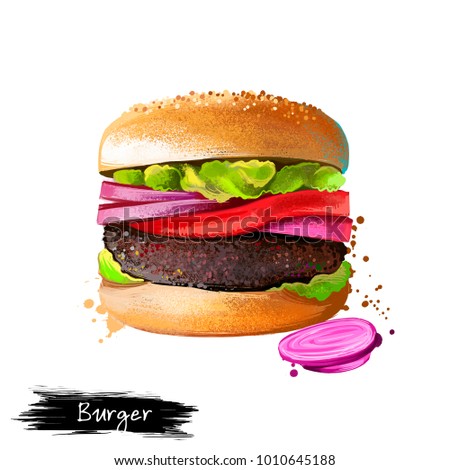 Hamburger, beef burger with vegetables and onions isolated on white background. Street food, take-away, take-out. Fast food hand drawn digital illustration. Graphic clip art design for web, print
