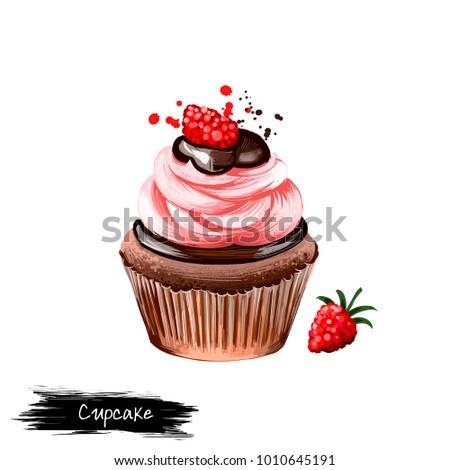 Cupcake with raspberry cream and chocolate, muffin isolated on white background. Street food, take-away, take-out. Fast food hand drawn digital illustration. Graphic clip art design for web, print