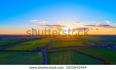 Aerial photography of windmills at sunset in Sainte Pazanne, Loire Atlantique, France
