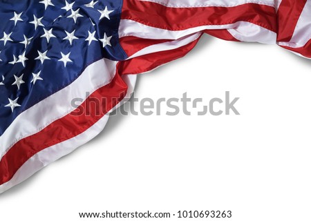 Closeup ruffled American flag isolated on white background Royalty-Free Stock Photo #1010693263