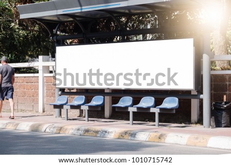Billboard, banner, empty and white at a bus stop