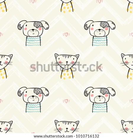 Cute Scandinavian Style Animal Faces Seamless pattern. Hand drawn Doodle Cartoon Cats and Dogs Background for Kids. Funny Puppy and Kitten. Vector Pets