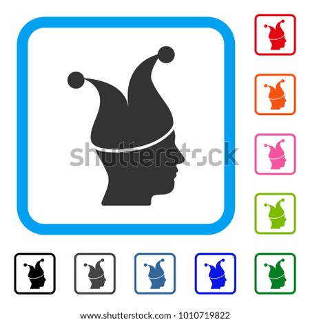 Joker Guy icon. Flat gray pictogram symbol in a blue rounded squared frame. Black, gray, green, blue, red, pink color versions of joker guy vector. Designed for web and software interfaces.