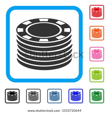 Casino Chip Stack icon. Flat grey pictogram symbol in a blue rounded rectangle. Black, grey, green, blue, red, pink color variants of casino chip stack vector. Designed for web and software UI.