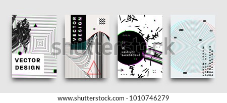 Covers templates set with bauhaus, memphis and hipster style graphic geometric and glitch elements. Applicable for placards, brochures, posters, covers and banners. Vector illustrations. Royalty-Free Stock Photo #1010746279