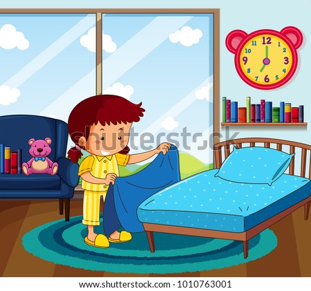 Girl in yellow pajamas making bed in bedroom illustration Royalty-Free Stock Photo #1010763001