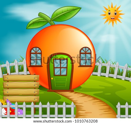 vector illustration of orange house in garden