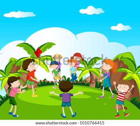 Many kids playing and racing in the park illustration