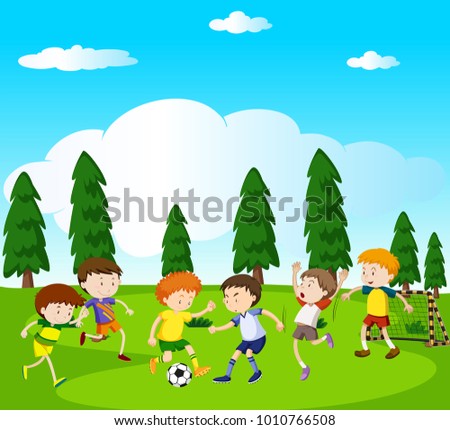 Boys playing soccer in park illustration