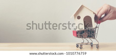 Property investment and house mortgage financial concept, House and money coin in shopping cart