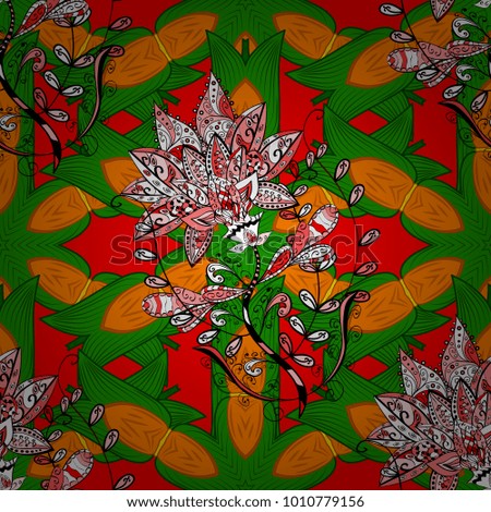 Watercolor illustration. Flowers on green, orange and red colors. Hand drawn. Seamless pattern with flowers.