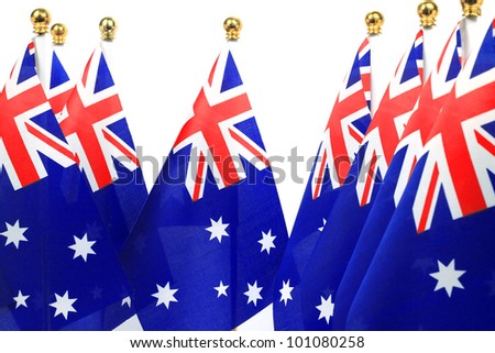 flags of Australia hanging on the gold flagstaff, Isolated on the white background