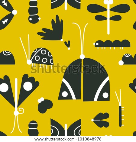The seamless  pattern with different kinds of insects.  Flat children background for your design.Textile, blog decoration, banner, poster, wrapping paper.