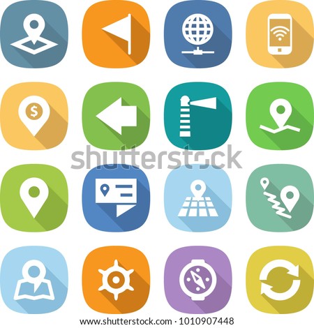 flat vector icon set - pointer vector, flag, globe connect, phone wireless, dollar pin, left arrow, lighthouse, geo, location details, map, route, handwheel, compass, reload