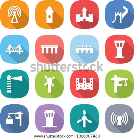 flat vector icon set - antenna vector, tower, castle, greate wall, bridge, airport, lighthouse, windmill, palace, crane, loading