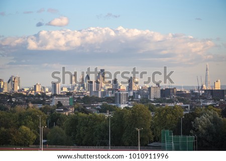 View towards London city skyline from Parliament Hill in Hampstead Heath