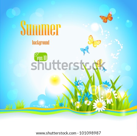 Vector summer background  with flowers, sunlight and butterflies. Space for text.