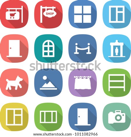 flat vector icon set - shop signboard vector, window, door, arch, vip fence, detector, dog, landscape, curtain, rack, camera