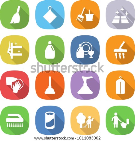 flat vector icon set - broom vector, rag, bucket and, clean floor, skyscrapers cleaning, cleanser, dish, vacuum cleaner, wiping, plunger, dry wash, brush, powder, garden, toilet