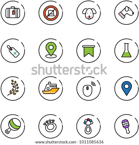 line vector icon set - suitcase vector, no computer sign, dog, medical label, map pin, flag, flask, golden branch, cruiser, mouse wireless, navigation, beanbag