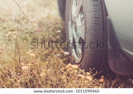 wheel of car closeup against background of meadow grass. Travel concept. Toned
