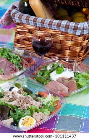 Delicious variety of italian salad with ham and mozzarella cheese