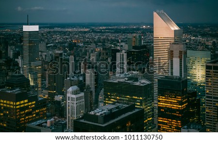 Skyline of Manhattan at night with skyscrapers lights, in New York City