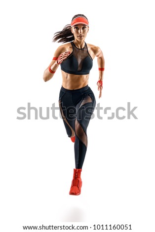 Woman runner in silhouette isolated on white background. Dynamic movement. Sport and healthy lifestyle Royalty-Free Stock Photo #1011160051