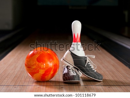 Bowling pins, balls and shoes