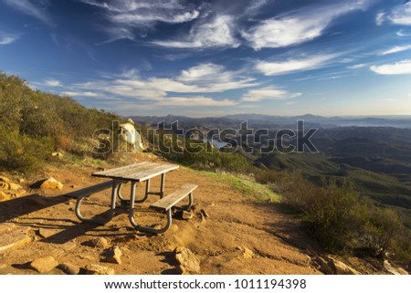 Picnic Table and Scenic Landscape View of San Diego County South from summit of Iron Mountain in Poway California