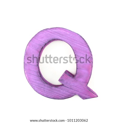 Single sawn wooden letter Q symbol coated with paint isolated over the white background