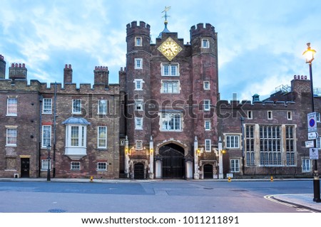 St. James's palace in Pall Mall street at sunset, London, UK Royalty-Free Stock Photo #1011211891