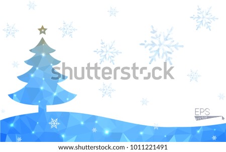 Blue, yellow postcard low polygon style christmas tree vector illustration consisting of triangles. 