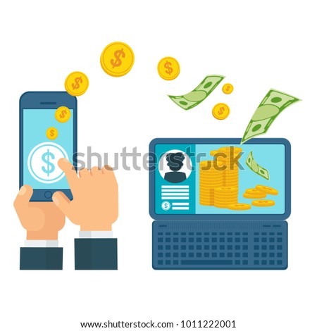 Money transfer using mobile device, smart phone with banking payment app. Internet banking, contactless payment, financial transactions around the world. Flat vector concept on white background.