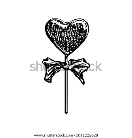 Lollipop Sketch. Heart Shaped Candy On Stick Vintage Style Icon Isolated On White Background. Black Hand Drawn Engraving Sweet With Bow Vector Illustration.