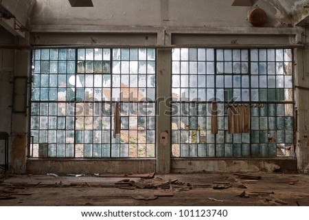 big windows in the workshop hall factory Royalty-Free Stock Photo #101123740